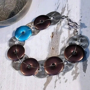 Mid Century Modern Style Handcrafted Silver Blue Brown Satin Disc Beads Bracelet